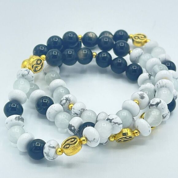 Yin Yang selenite golden obsidian howlite beaded stretch bracelet ONE NEW crysta - Picture 2 of 8